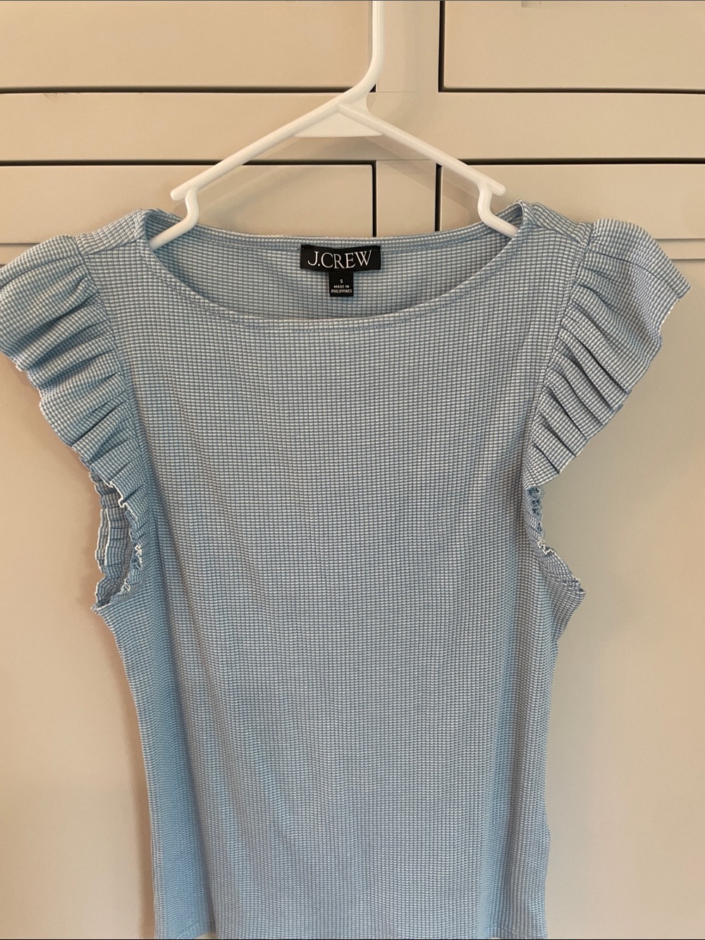 J. Crew Pale Blue Ruffle Sleeve Knit Top